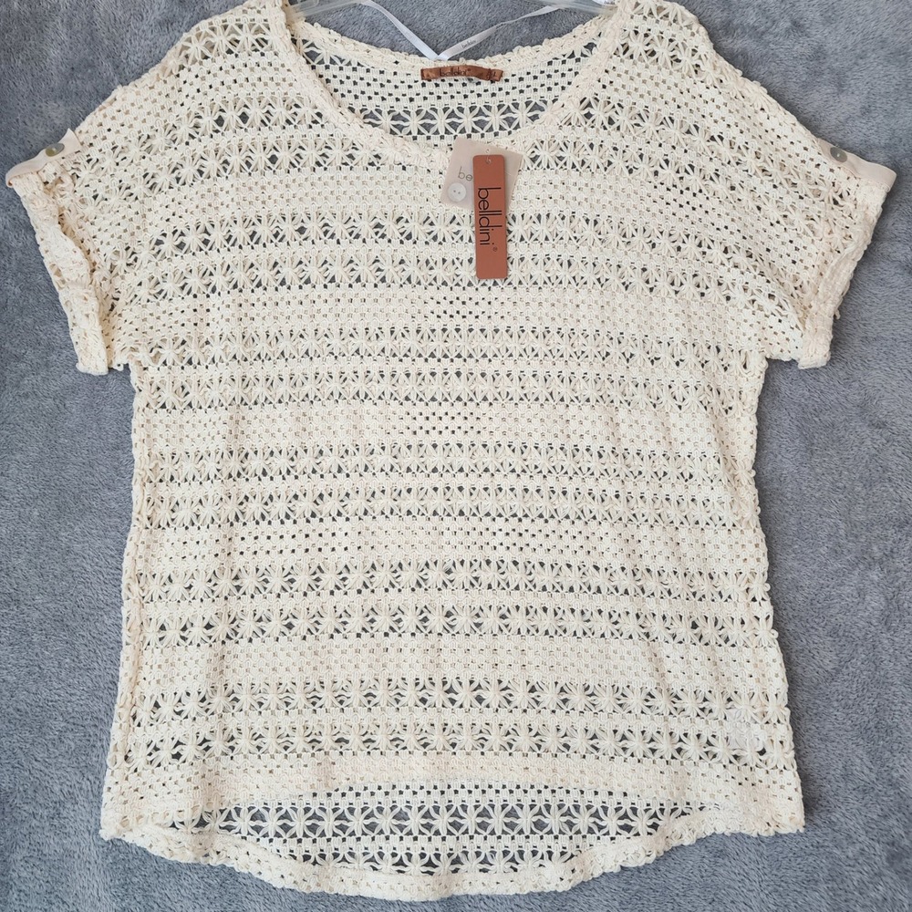 Belldini Shirt Womens Large Cream Crochet Open Knit Scoop Neck Short Sleeve Top